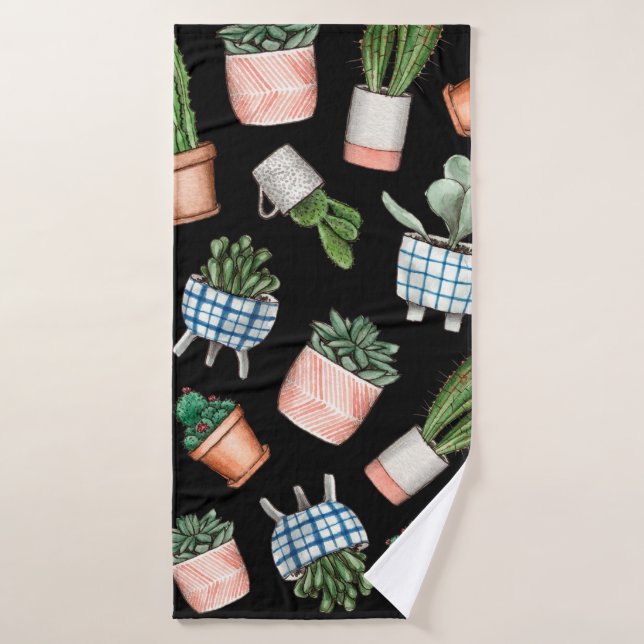 Watercolor home plants seamless pattern bath towel (Bath Towel)