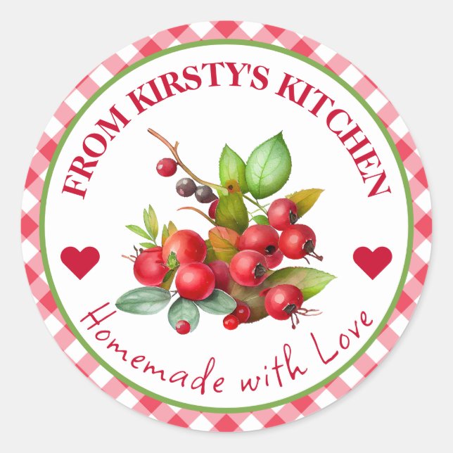 Watercolor Homemade Gingham Cranberries Classic Round Sticker (Front)