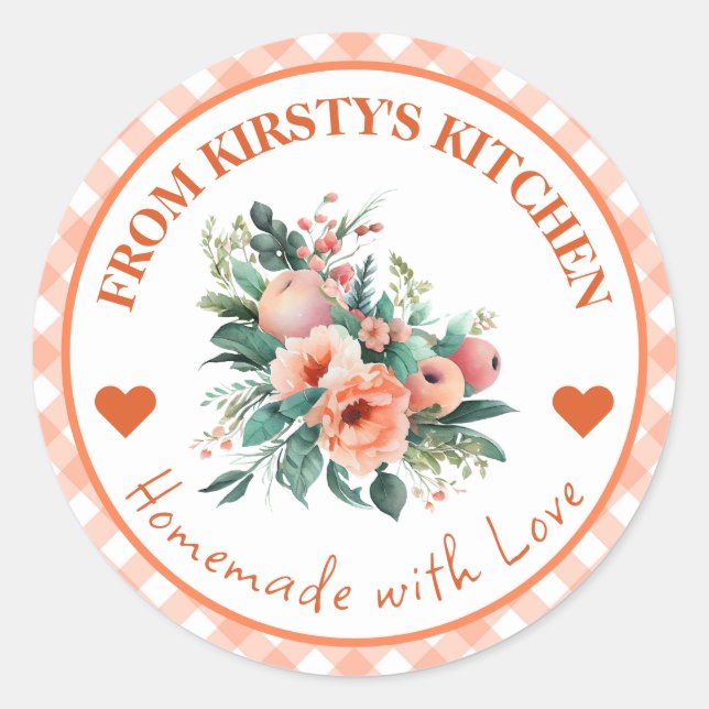 Watercolor Homemade Gingham Peaches Label (Front)