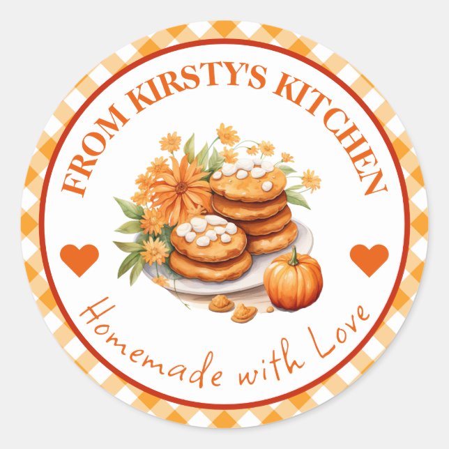 Watercolor Homemade Gingham Pumpkin Cookies Classic Round Sticker (Front)