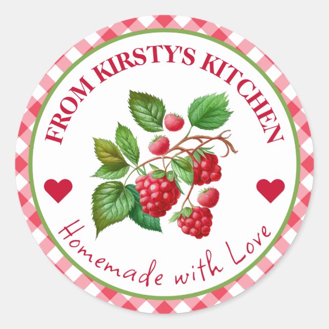 Watercolor Homemade Gingham Raspberries Label (Front)