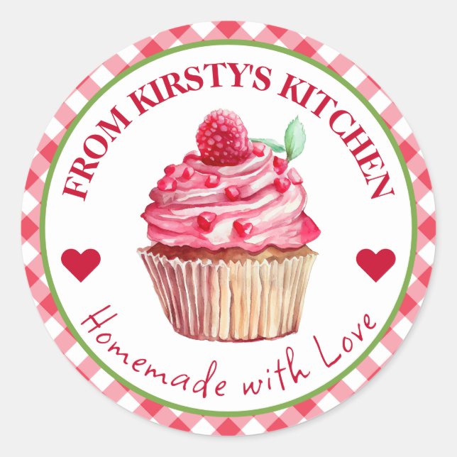 Watercolor Homemade Gingham Raspberry Cake Label (Front)