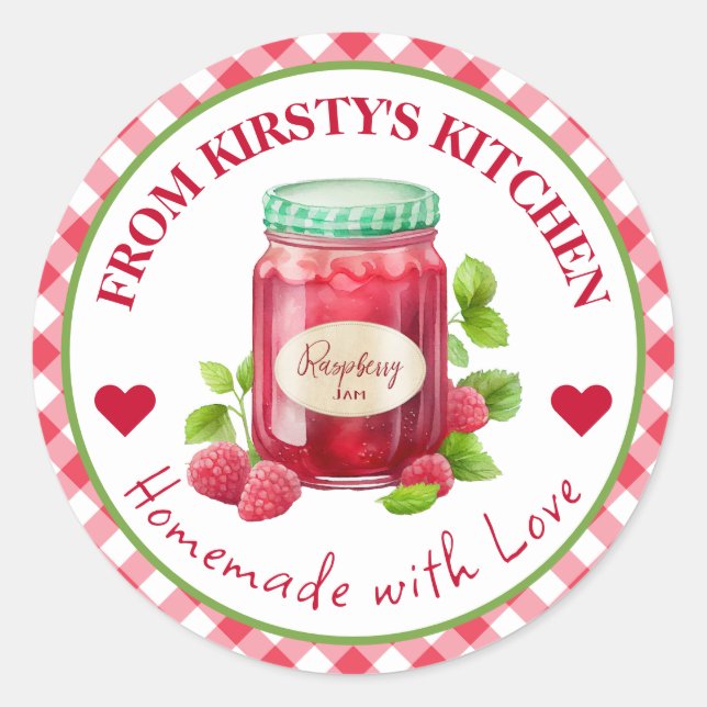 Watercolor Homemade Gingham Raspberry Jam Label (Front)