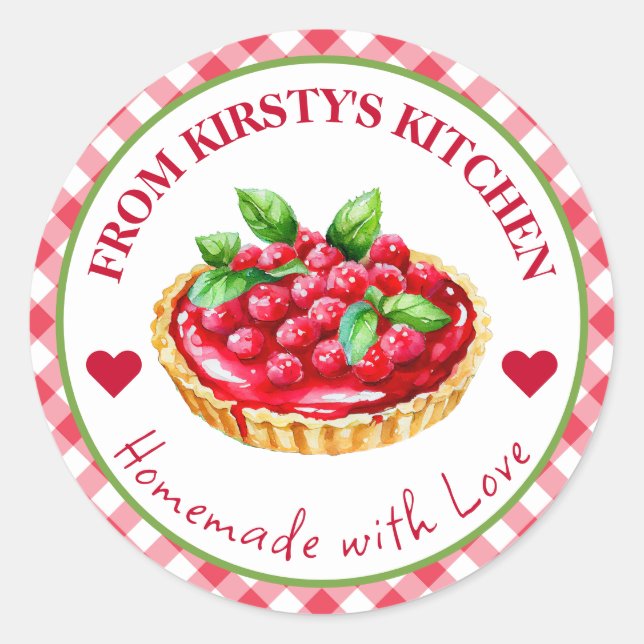 Watercolor Homemade Gingham Raspberry Pie Label (Front)