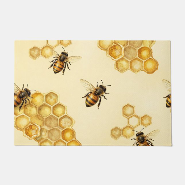 Watercolor Honey Bee Honeycomb Pattern Doormat (Front)