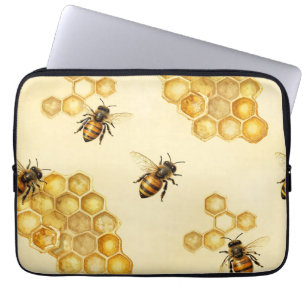 Watercolor Honey Bee Honeycomb Pattern Laptop Sleeve