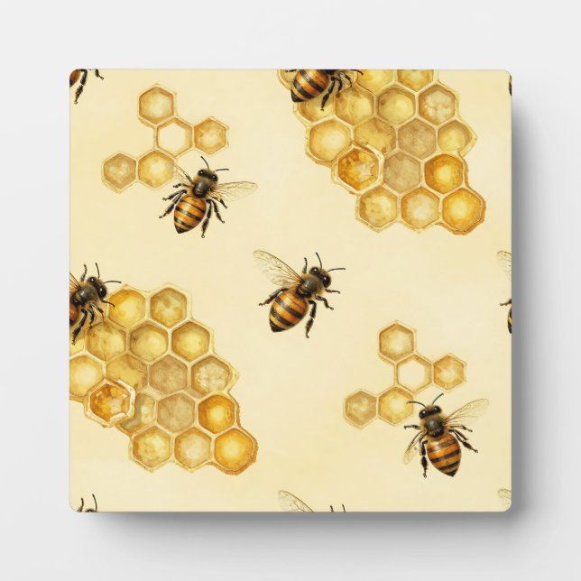 Watercolor Honey Bee Honeycomb Pattern Plaque (Front)