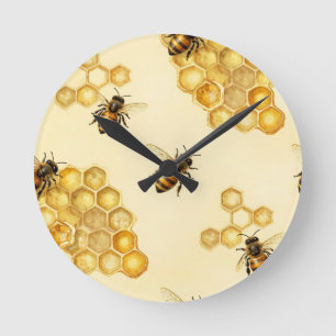 Watercolor Honey Bee Honeycomb Pattern Round Clock
