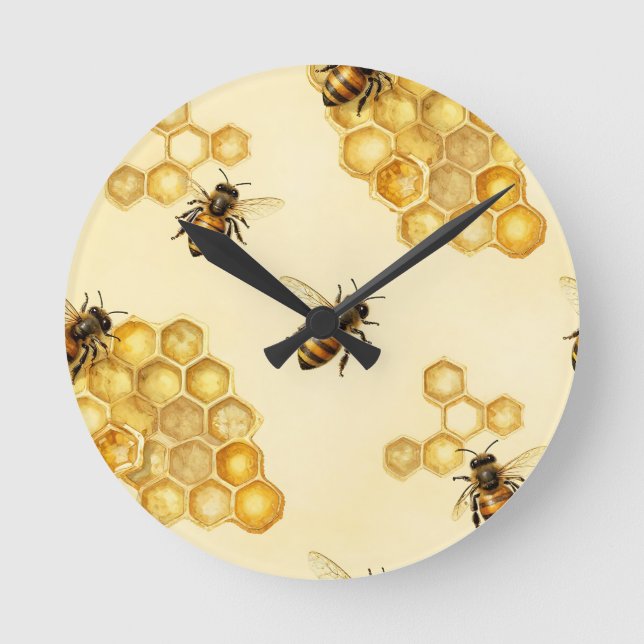 Watercolor Honey Bee Honeycomb Pattern Round Clock (Front)