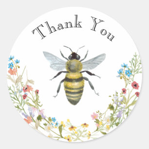 Watercolor Honey Bee Wreath Thank You Custom Classic Round Sticker
