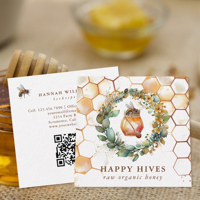 Watercolor Honeycomb & Honey Jar Beekeeper Square Business Card (Creator Uploaded)