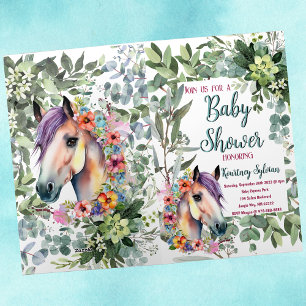 Watercolor Horse and Botanical Baby Shower Invite Foil Greeting Card