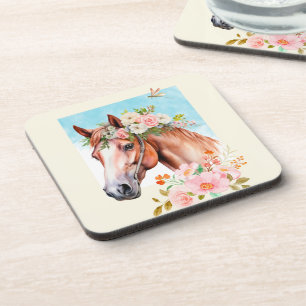 Watercolor Horse and Flowers 6 Coaster