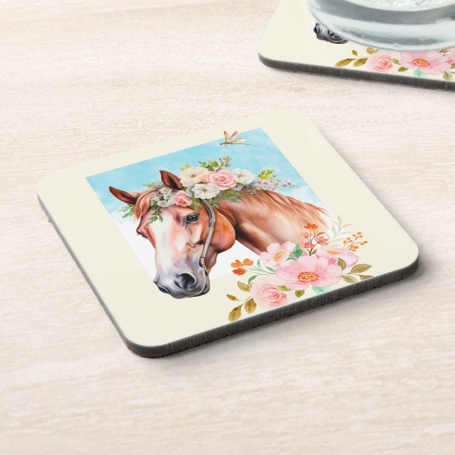 Watercolor Horse and Flowers 6  Coaster (Left Side)