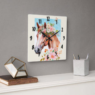 Watercolor Horse and Flowers Art Square Wall Clock