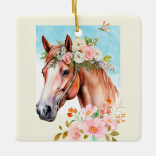 Watercolor Horse and Flowers Double Sided Ceramic Ornament