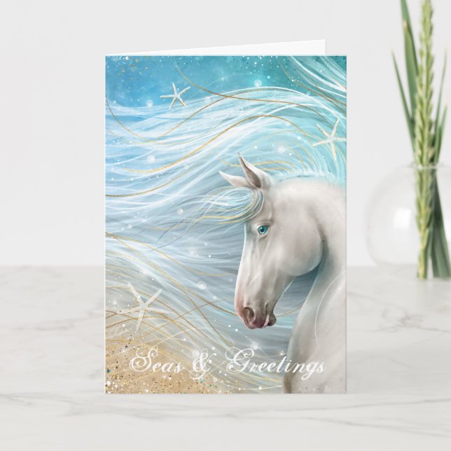 Watercolor Horse Art Beach Christmas Holiday Card (Front)