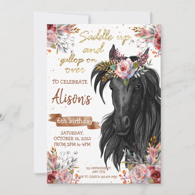 Watercolor horse birthday cowgirl invitation (Front)
