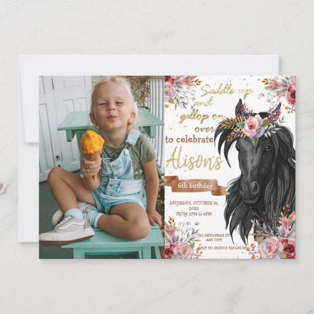 Watercolor horse birthday cowgirl invitation (Front)