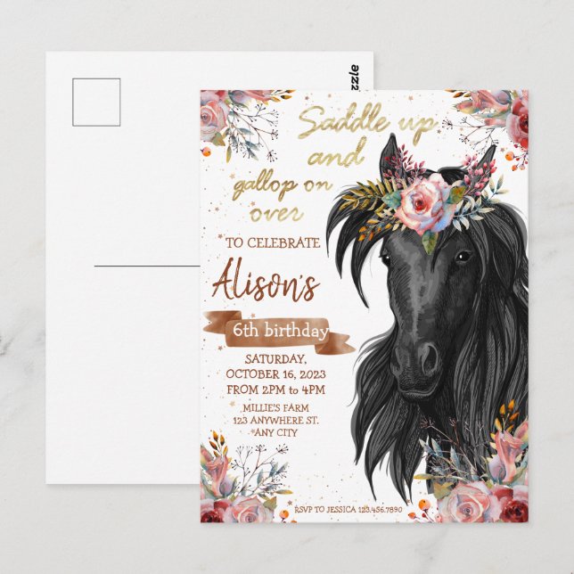 Watercolor horse birthday cowgirl invitation postcard (Front/Back)