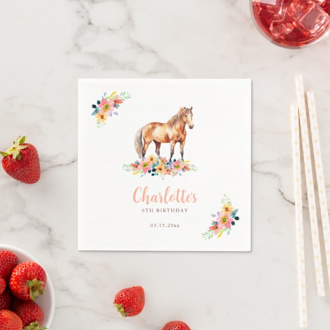 Watercolor Horse Birthday Party Pony Pink Napkin (Insitu)
