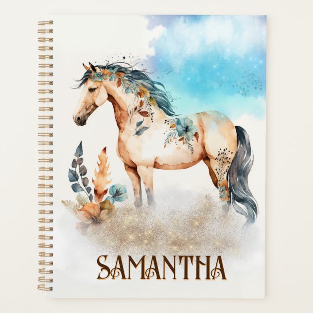 Watercolor horse boho leaves fall name planner (Front)