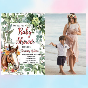 Watercolor Horse Floral Custom Photo Baby Shower Invitation