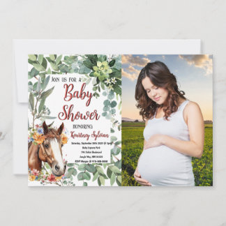 Watercolor Horse Floral Custom Photo Baby Shower Invitation