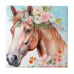 Watercolor Horse Flowers Decorative Ceramic Tile