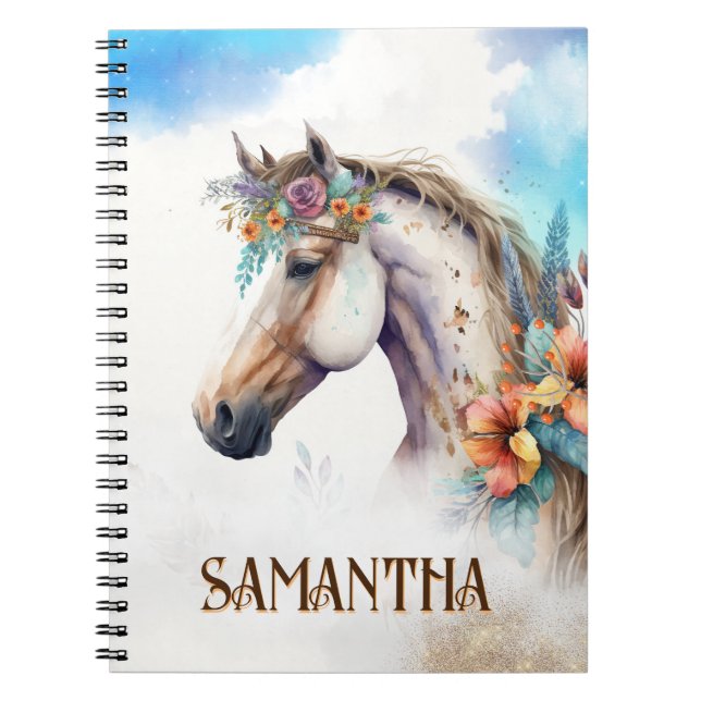 Watercolor horse head tropical summer flowers name notebook (Front)