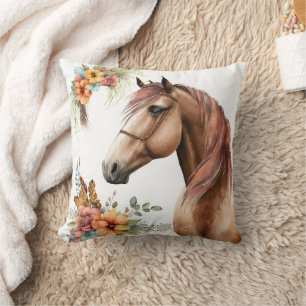 Watercolor horse head with floral fall flowers  cushion