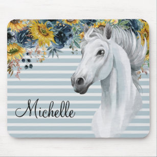 Watercolor Horse Head with Sunflower Name custom  Mouse Mat