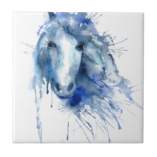 Watercolor horse Portrait with paint splatter Tile