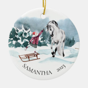 Watercolor Horse Winter Snow With Girl  Ceramic Tree Decoration