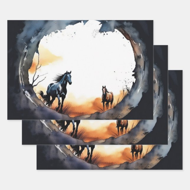 Watercolor Horses and Sunset Silhouette Wrapping Paper Sheet (Set)