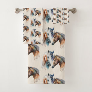 Watercolor Horses Boho Dripping Paint Pattern Bath Towel Set