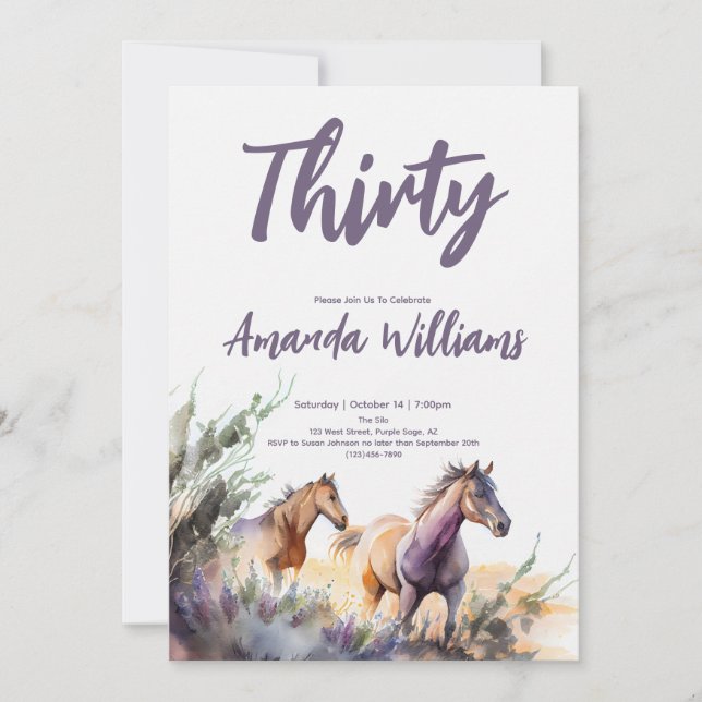 Watercolor Horses Thirtieth Birthday Invitation (Front)