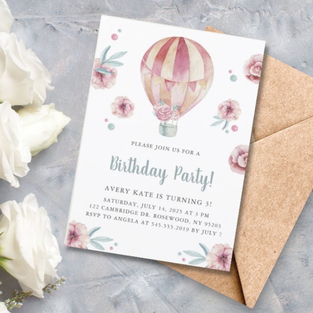 Watercolor Hot Air Balloon and Floral Birthday Invitation (Creator Uploaded)