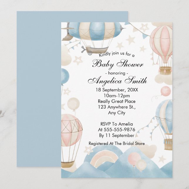 Watercolor Hot Air Balloon Baby Shower  Invitation (Front/Back)