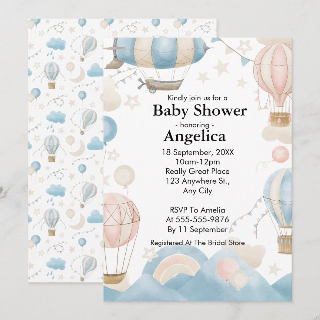 Watercolor Hot Air Balloon Baby Shower  Invitation (Front/Back)