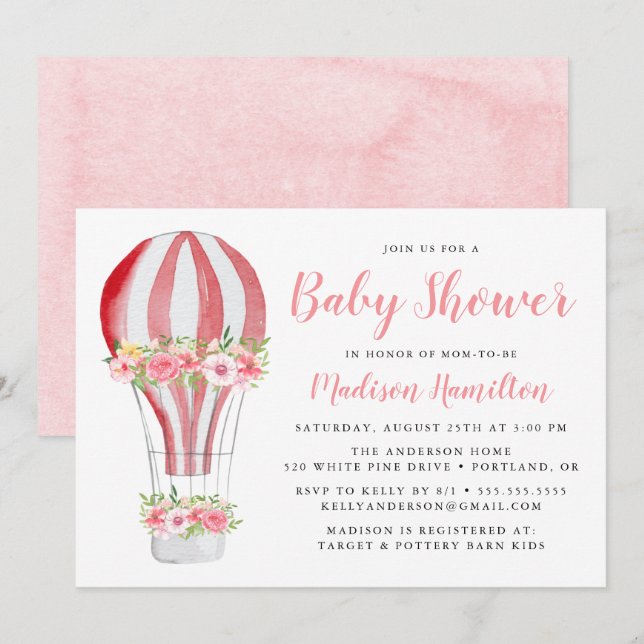 Watercolor Hot Air Balloon Baby Shower Invitation (Front/Back)