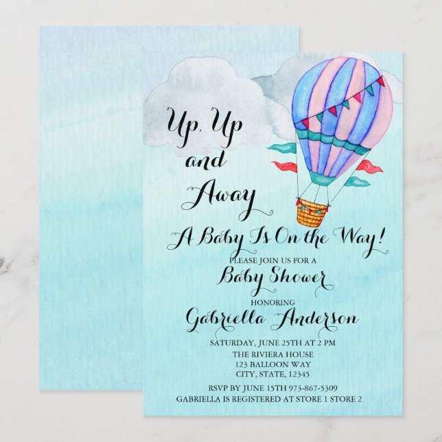 Watercolor Hot Air Balloon Baby Shower Invitation (Front/Back)
