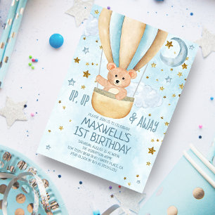 Watercolor Hot Air Balloon Bear Boy Birthday Invitation