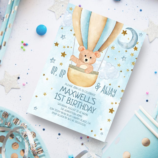 Watercolor Hot Air Balloon Bear Boy Birthday Invitation (Creator Uploaded)