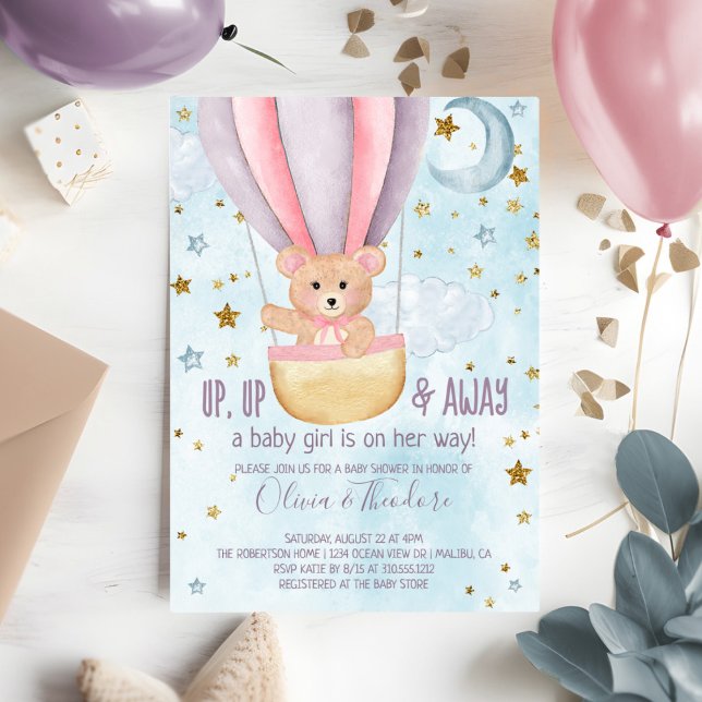 Watercolor Hot Air Balloon Bear Girl Baby Shower Invitation (Creator Uploaded)
