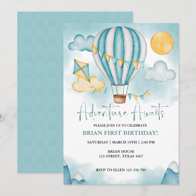 Watercolor Hot Air Balloon Birthday Invitation (Front/Back)
