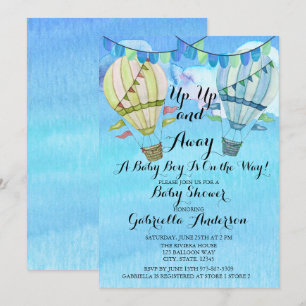 Watercolor Hot Air Balloon Boy Baby Shower Invitation