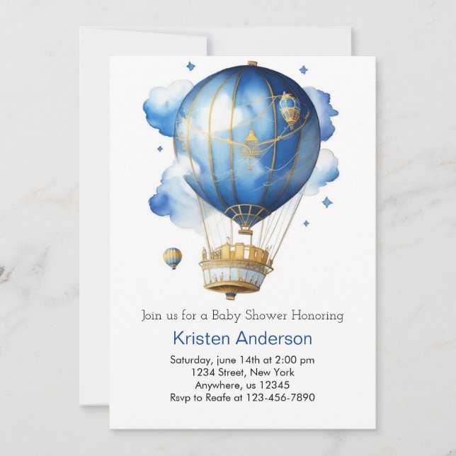 Watercolor Hot Air Balloon Boy Baby Shower Invitation (Front)