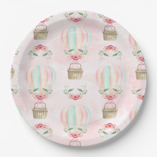 Watercolor Hot Air Balloon Mint Pink Peach Paper Plate (Front)