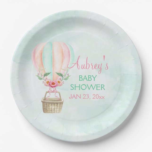 Watercolor Hot Air Balloon Mint Pink Peach Paper Plate (Front)
